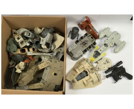 Quantity of Kenner Star Wars vintage loose vehicles including AT-AT, Y-Wing fighter, Imperial Troop Transporter, Land Speeder