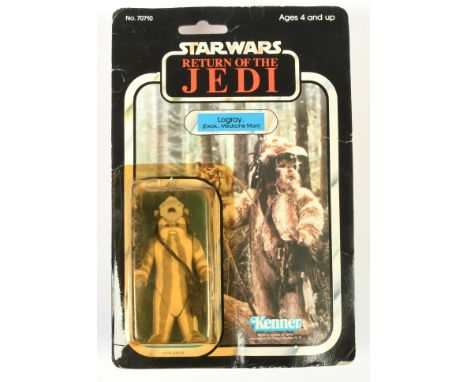 Kenner Star Wars vintage Return of the Jedi Logray 3 3/4" figure, Near Mint, within Fair (cracked and yellow) bubble, upon Fa