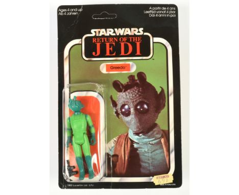 Palitoy Star Wars vintage Return of the Jedi Tri-Logo Hybrid Greedo 3 3/4" figure, Near Mint, within Good (dented) bubble, up