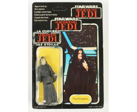 Palitoy Star Wars vintage Tri-Logo Emperor 3 3/4" figure, Near Mint, within Good (dented) bubble, upon Good (surface wear and