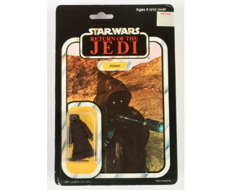 Palitoy Star Wars vintage Return of the Jedi Jawa 3 3/4" figure, Near Mint, within Good Plus (dented) bubble, upon Good Plus 