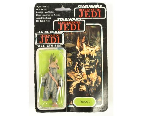 Palitoy Star Wars vintage Tri-Logo Teebo 3 3/4" figure, Near Mint, within Fair (dented) bubble, upon Fair (surface wear and c
