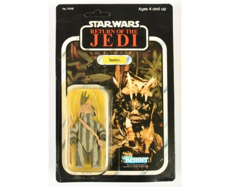 Kenner Star Wars vintage Return of the Jedi Teebo 3 3/4" figure, Near Mint, within Excellent (yellow) bubble, upon Good Plus 