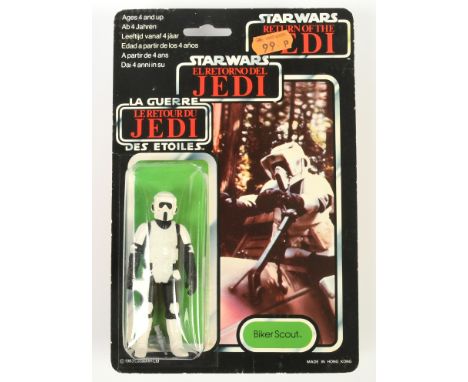 Palitoy Star Wars vintage Return of the Jedi Tri-logo Biker Scout 3 3/4" figure, Mint, within Good (dents) bubble, upon Good 