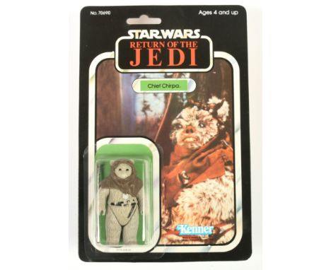 Kenner Star Wars vintage Return of the Jedi Chief Chirpa 3 3/4" figure, Near Mint, within Near Mint bubble, upon Excellent pu