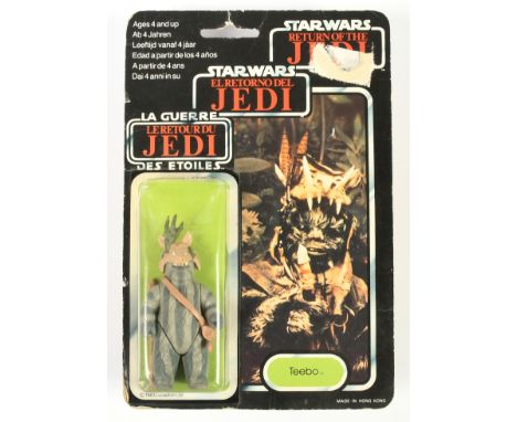 Palitoy Star Wars vintage Tri-Logo Teebo 3 3/4" figure, Near Mint, within Good (dented) bubble, upon Fair (sticker tear, surf