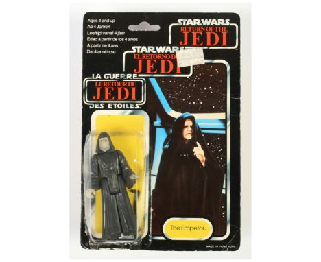 Palitoy Star Wars vintage Tri-Logo Emperor 3 3/4" figure, Near Mint, within Poor (dented and cracked) bubble, upon Good (surf