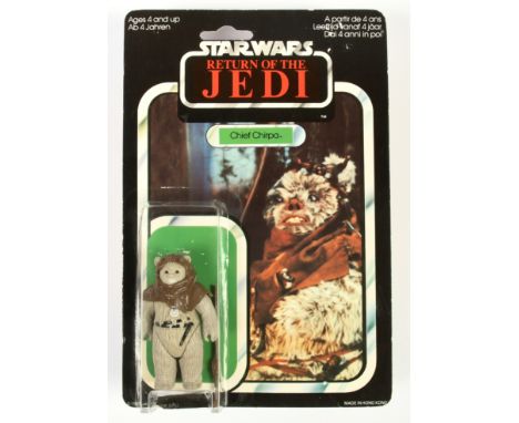 Palitoy Star Wars vintage Return of the Jedi Chief Chirpa 3 3/4" figure, Near Mint, within Fair (cracked) bubble, upon Good P