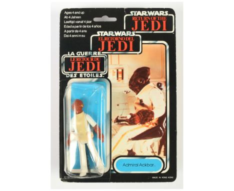 Palitoy Star Wars vintage Tri-Logo Admiral Ackbar 3 3/4" figure, Near Mint, within Fair (cracked and dented) bubble, upon Goo