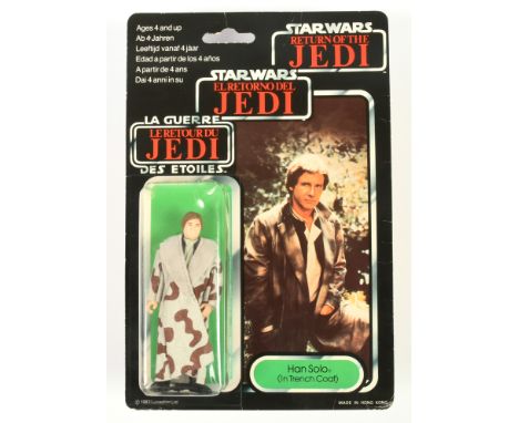Palitoy Star Wars vintage Tri-Logo Han Solo Trench Coat 3 3/4" figure, Near Mint, within Good Plus (dented) bubble, upon Good