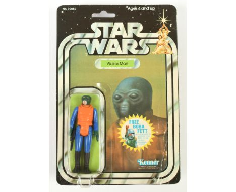Kenner Star Wars vintage Walrus Man 3 3/4" figure, Mint, within Good Plus (slightly lifting) bubble, upon Fair to Good (creas