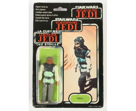 Palitoy Star Wars vintage Tri-Logo Nikto 3 3/4" figure, Near Mint, within Good (dented) bubble, upon Good (surface wear and c