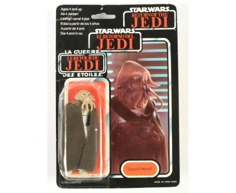 Palitoy Star Wars vintage Tri-Logo Squid Head 3 3/4" figure, Near Mint, within Fair (dented and cracked) bubble, upon Good (s
