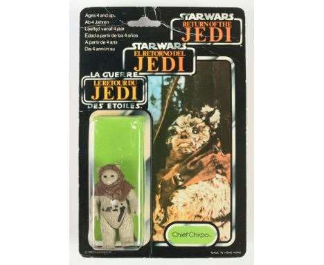 Palitoy Star Wars vintage Tri-Logo Chief Chirpa 3 3/4" figure, Near Mint, within Good Plus (dented) bubble, upon Fair to Good