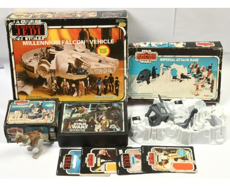 Quantity of vintage Star Wars vehicles, creatures ,play-sets, carry case and USED backing cards including Millennium Falcon F