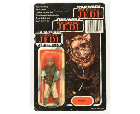 Palitoy Star Wars vintage Tri-Logo Weequay on Warok MIS-CARD 3 3/4" figure, Near Mint, within Fair (dented, cracked and yello