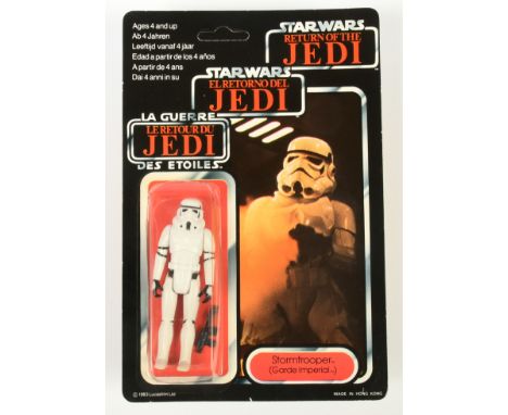 Palitoy Star Wars Return of the Jedi Tri-Logo vintage Stormtrooper 3 3/4" figure, Near Mint, within Good Plus (dented) bubble