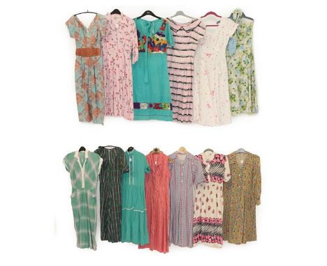 Circa 1950 and Later Ladies' Printed Cotton Day Dresses, comprising a Horrockses Fashions strapless printed blue floral cotto