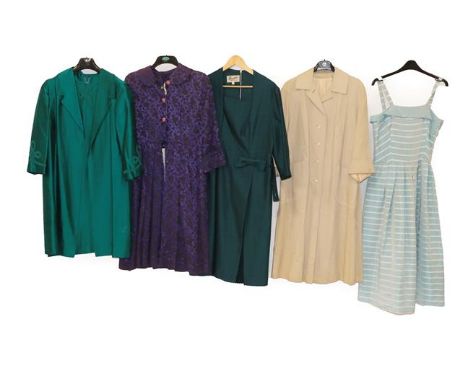 Circa 1950/60 Cocktail and Other Dresses, comprising a Gileric floral short sleeve dress with belt to the front; a bronzed br