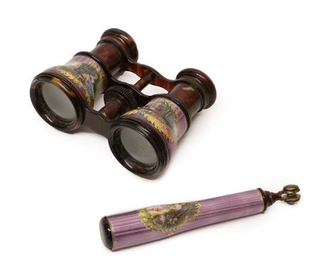 Pair of 19th Century Opera Glasses, mounted with purple enamel and painted with two figures in 18th century costume, detachab