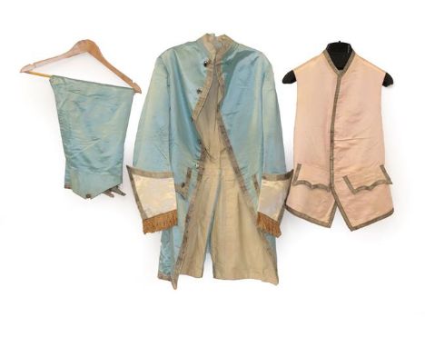 A 19th Century Gentleman's Pale Blue Silk Suit, in the 18th century style comprising a jacket with large turn-back cuffs and 