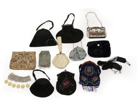 Circa 1920 and Later Evening Bags, Purses and Accessories, comprising two 1930 floral beaded bags with faux tortoiseshell hin