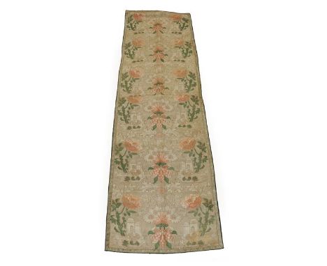 Circa 1700-10 Dutch Silk Brocatelle Panel, woven with a design of castles and oversized flowers in peach, cream and green, wi