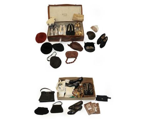 Circa 1930's and Later Ladies' Costume and Accessories, including leather and suede heeled shoes, evening bags, shoe trees, k