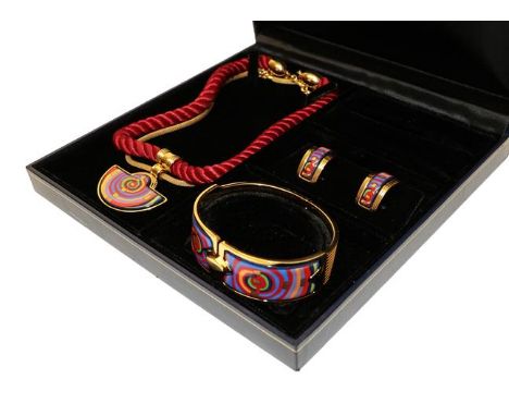 An Enamel Pendant, by Frey Wille, the half-moon pendant enamelled in a multi-coloured abstract pattern, on a rope link chain,