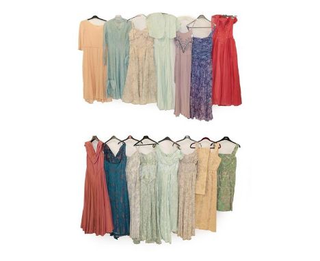 Assorted Circa 1950 and Later Evening Dresses, comprising a peach lace mounted dress with three-quarter length sleeves, V-sha