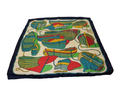Hermès Silk Scarf Thalassa designed by P Peron, with images of rowing boats in primary colours, within a navy blue border, 90