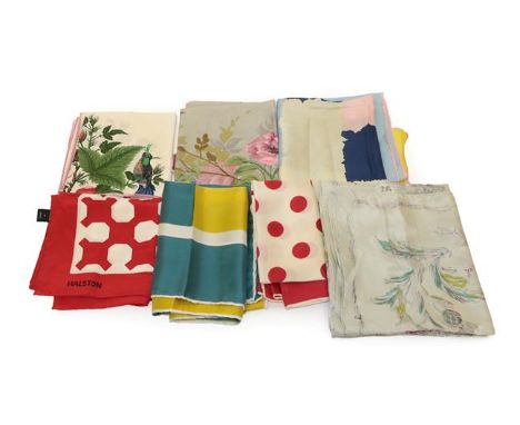 Assorted Circa 1950 and Later Silk Scarves, comprising two Swiss scarves on grey and cream printed with flowers and birds, bo