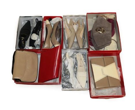 Assorted Ladies' Modern Accessories including Charles Jourdan leather and cream patent cut work shoulder bag and pair of matc