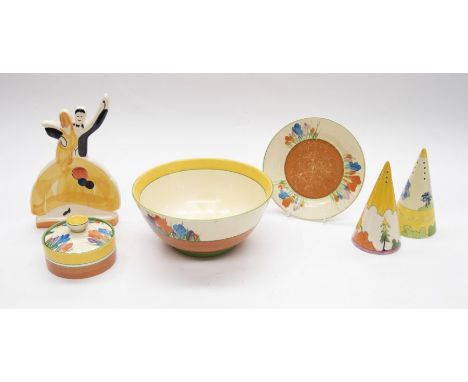 Clarice Cliff crocus bowl, plate, sauce dish along with bizarre Clarice Cliff condiments