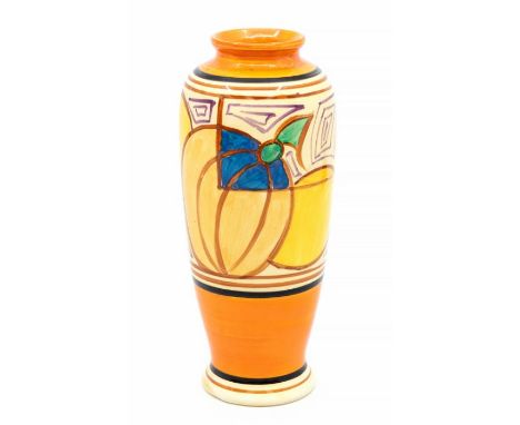 A Clarice Cliff miniature vase in the Melons pattern, Fantasque Facsmile stamp to the base