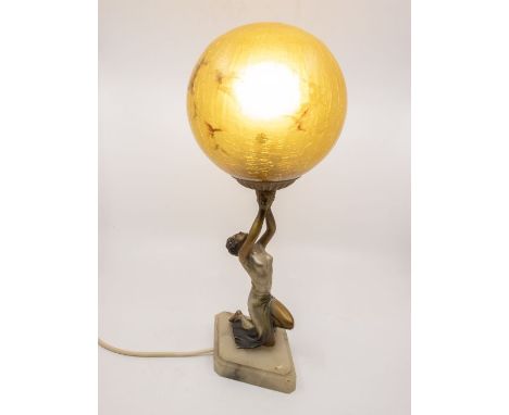 Art Deco figural lamp base, lady holding a globe aloft on a stepped base. Height approx 40cm.&nbsp;