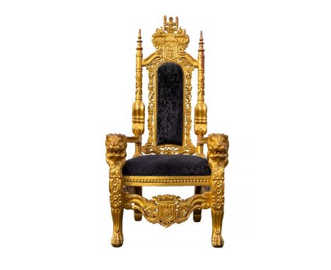 Peter Stringfellow Interest - a large throne chair, heavily carved with lion mask capped arms, eagle crest, roses and foliate