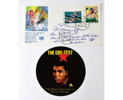MUHAMMED ALI; a first day cover signed and dedicated, with promotional sticker for 'The Greatest' (2).Condition Report: - We 
