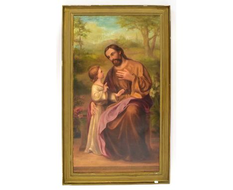 LATE 19TH/EARLY 20TH CENTURY ENGLISH SCHOOL; oil on canvas, a portrait of Christ with a child '1890 Golden Jubilee of Rev. Mo