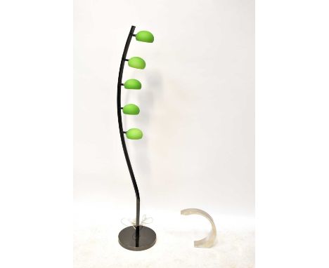 DANA LIGHT; a contemporary black chrome five-branch standard lamp, each with frosted green glass shade, on circular foot, hei