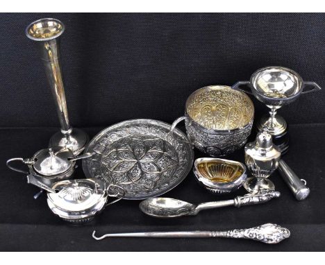 Various small silver and silver plated items, to include a Continental silver with fig shaped bowl engraved with Jesus and Ma