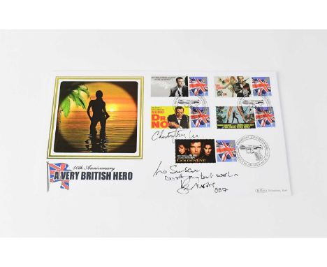JAMES BOND 007; a first day cover for the 50th anniversary of James Bond, signed by Roger Moore and Christopher Lee (Francisc