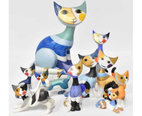 ROSINA WACHTMEISTER FOR GOEBEL; seven various porcelain cat figures with bright-coloured contemporary decoration, comprising 