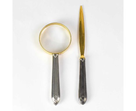 ROBBE &amp; BERKING; a silver-handled desk set comprising a magnifying glass and letter opener, stamped to the handles 'R&amp