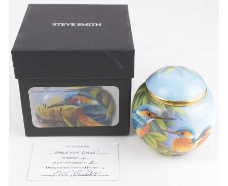 STEVE SMITH CERAMICS; a boxed free-hand painted miniature ceramic lidded circular box, 'Halcyon Days', limited edition 1/5, s