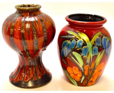 ANITA HARRIS; a hand painted art pottery vase, 'Spring Trial Piece', of ovoid form, gilt-heightened spring flowers on a red g