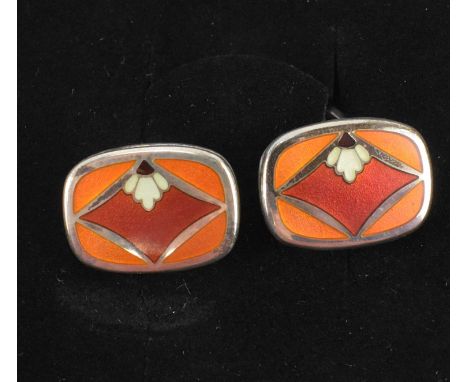 GEORG JENSEN; a boxed pair of sterling silver (925), model 602 Naja Salto, cufflinks with Art Deco inspired enamelled decorat