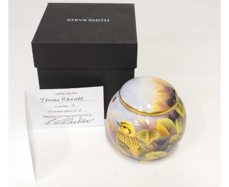 STEVE SMITH CERAMICS; a boxed free-hand painted miniature ceramic lidded circular box, 'Yellow Hammer', limited edition 1/1, 