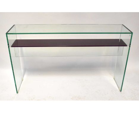 HELDERR; a contemporary glass console table with purple glass lower shelf, 75 x 125 x 30cm.