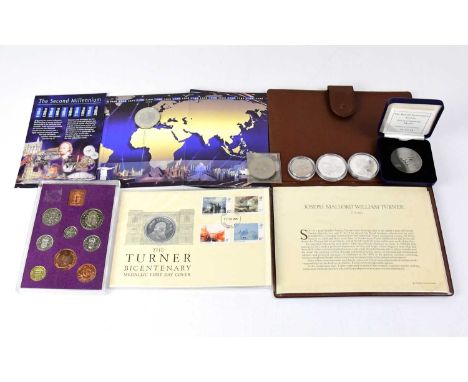 A small mixed lot of commemorative coins, including 'The Turner Bicentenary Medallic First Day Cover', commemorating the 200t